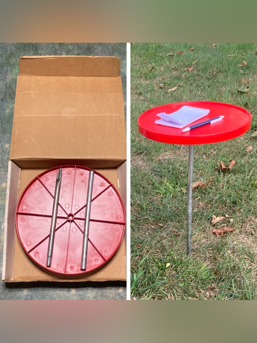 2 Vintage 60s-70s Portable Lawn Stake Tables Red Plastic Camping Beach Orig Box